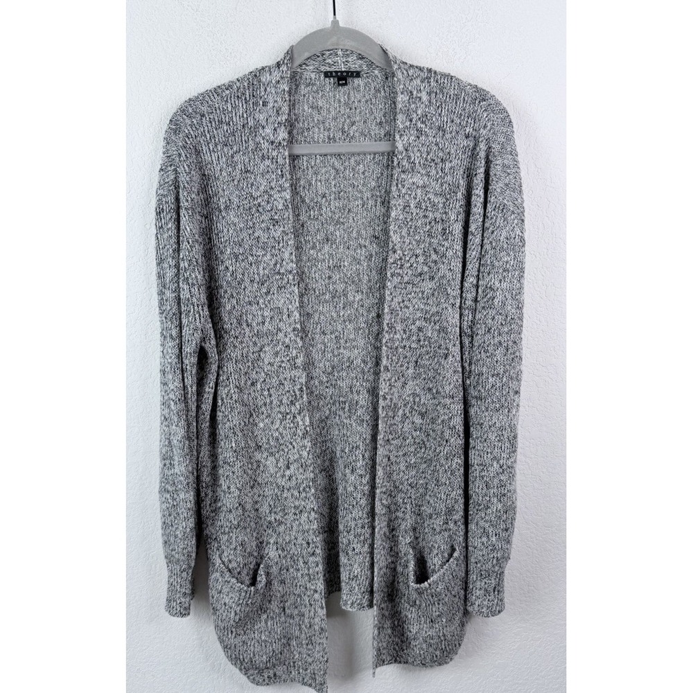 Theory Linen Blend Open Front Cardigan Long Sweater M Gray Marled Lounge Layers